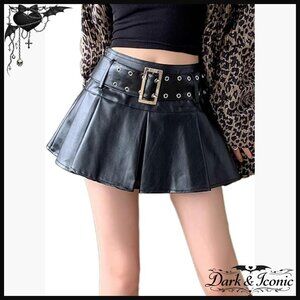 High Waisted Pleated Mini Skirt with Buckle Belt PU Faux Leather Flare